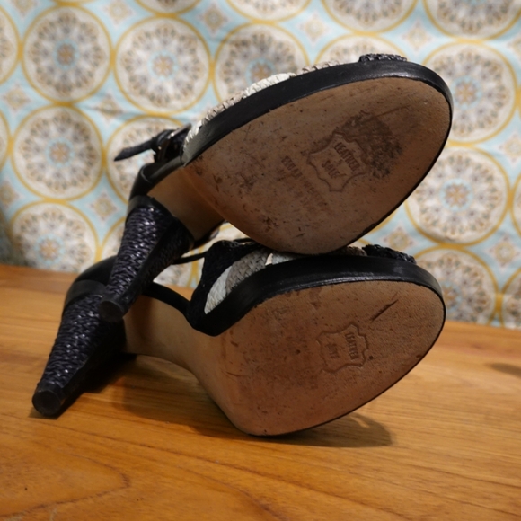 STUART WEITZMAN Woven Raffia Upper & Wrapped Heeled Platform Sandals, size 5½ - Picture 5 of 8